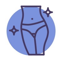 icon of woman's torso and legs in bikini bottoms in black overlayed on blue circle on white background